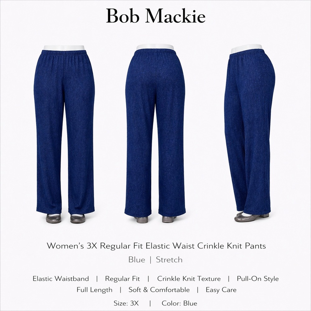 Bob Mackie Womens 3X Regular Fit Elastic Waist Crinkle Knit Pants Blue A236155